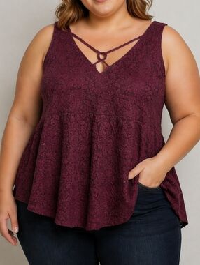 Love & Legend Deep Red Lace Peplum Tank Top Plus Size Boho Romantic Babydoll